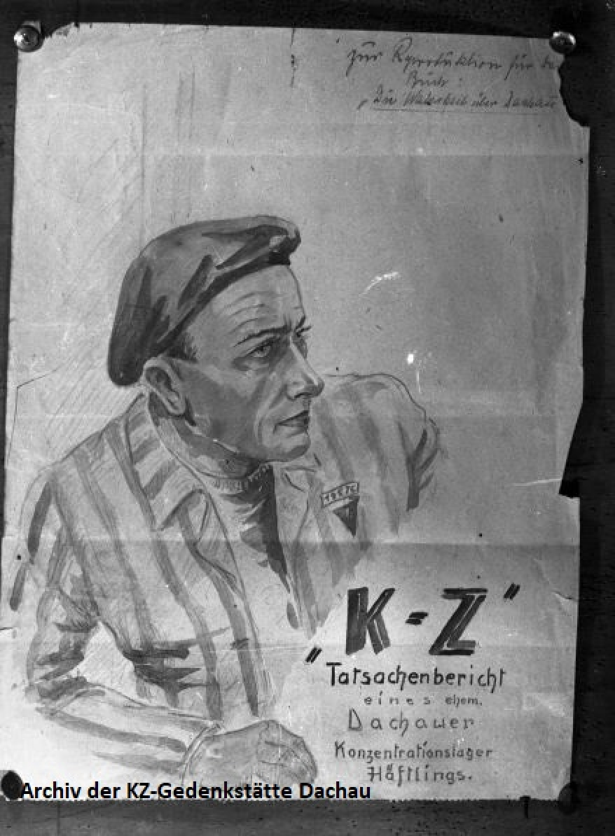 Pencil sketch of Georg Tauber from the side, wearing a camp prisoner uniform. At the bottom right is the book title "KZ Tatsachenbericht eines ehemaligen Dachauer Konzentrationslagerhäftlings" ("Factual Report by a Former Prisoner of Dachau Concentration Camp").